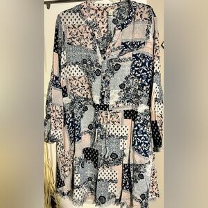 Cato Blue and Pink Patchwork Button Down Dress with a Drawstring Waist and Pocke